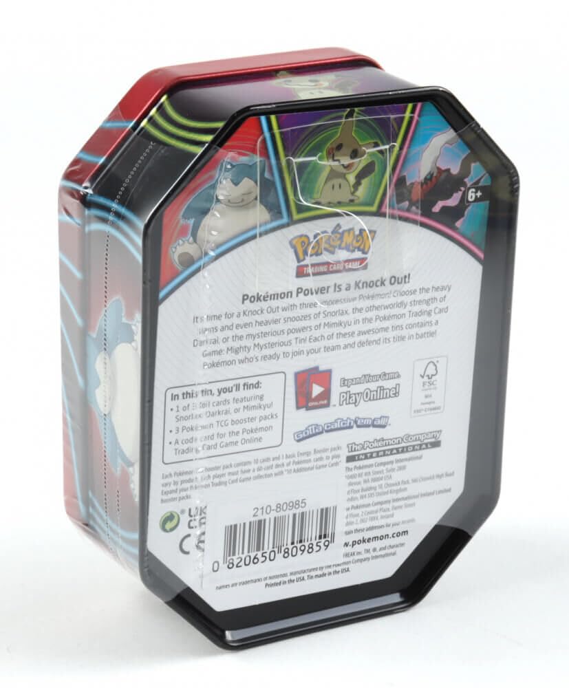 Pokemon TCG: Assorted Mighty Mysterious Tin - Contains Snorlax. Mimikyu, Or Darkrai - 1 Random Character Tin